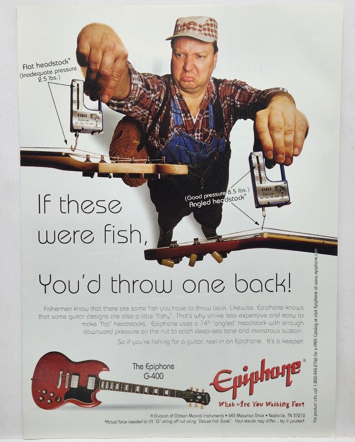1999 Gibson Epiphone G-400 Guitars Mad Fisherman Print Ad Man Cave Poster 90\'s