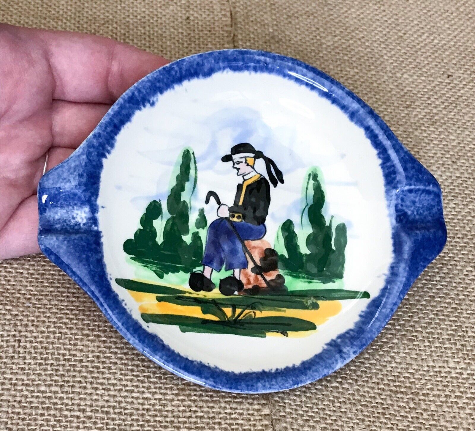 GF Desvres France Hand Painted Faience Blue Trim Frenchman Ashtray Trinket Dish