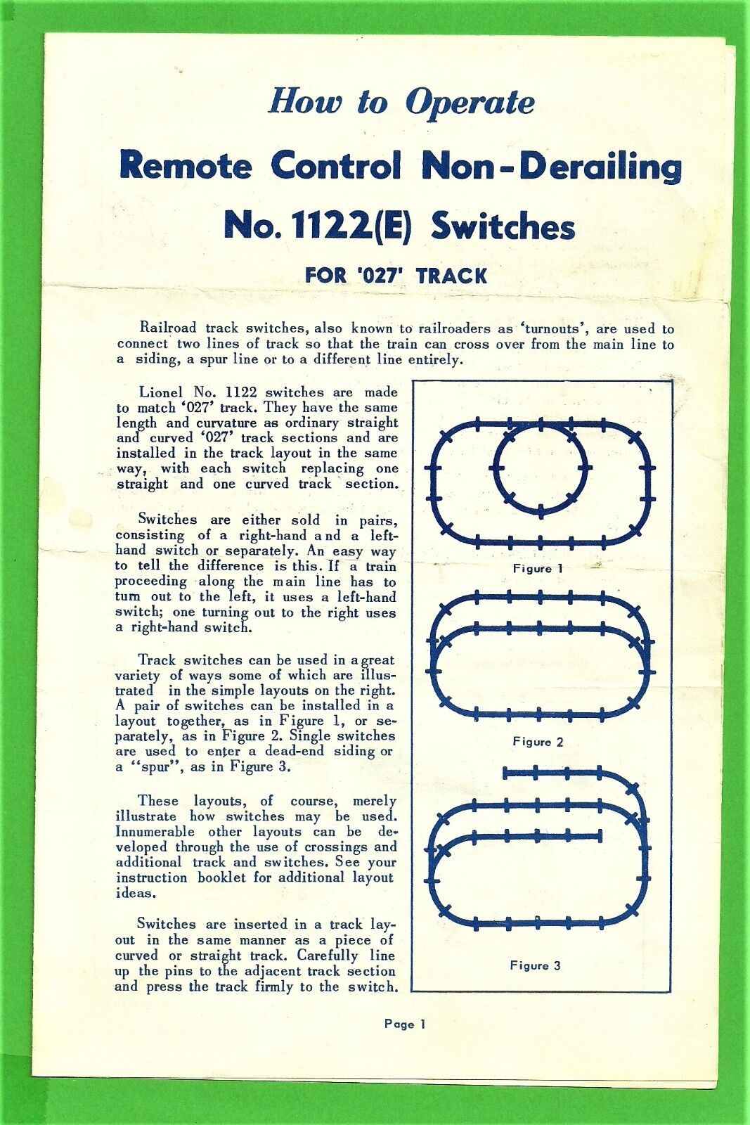VTG 1958 Lionel 1122E Remote Control Non-Derailing Switches Form 1122-229 2-58