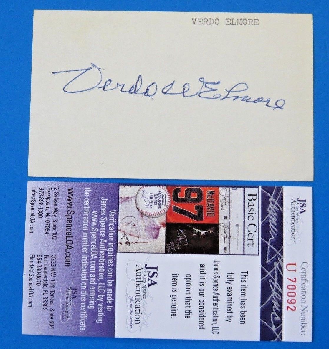 VERDO ELLIE ELMORE SIGNED 3x5 INDEX CARD ~ RARE 1924 St. LOUIS BROWNS JSA U70092