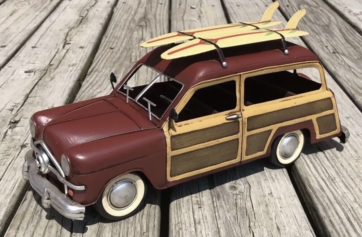 1949 Ford Woody with Surf Boards Retro Tin Art Metal Model Car, 7” x 15”