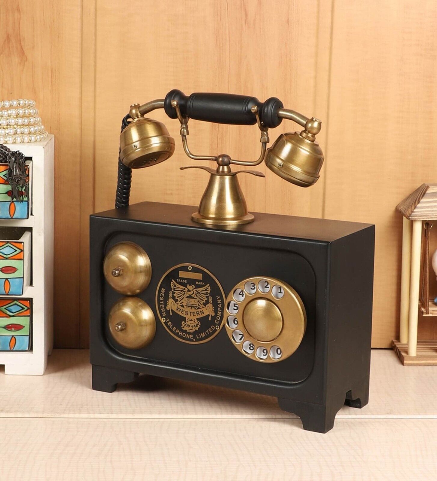 Antique Vintage Dynamic Brass & Wood Dummy Retro Telephone