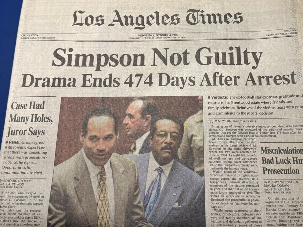 O.J. Simpson Not Guilty Los Angeles Times October 4, 1995