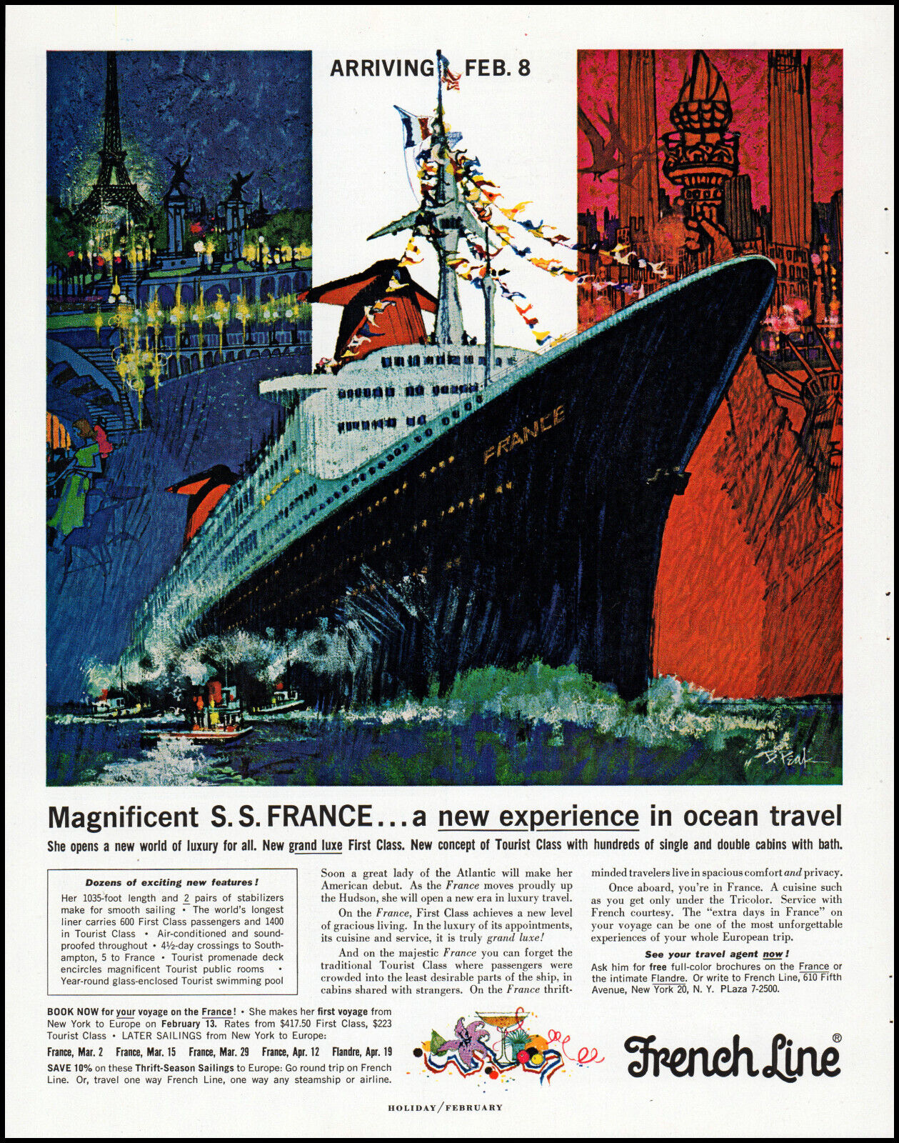 1962 Bob Peak art S S France cruise ship French Line travel retro print ad LA40