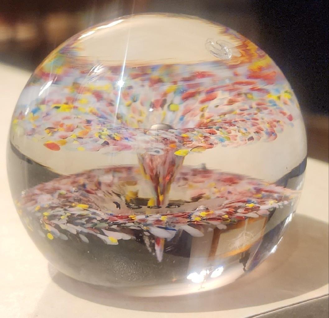 BEAUTIFUL 1888 ANTIQUE GLASS PAPER WEIGHT WITH BEAUTIFUL COLORFUL FLOWER PATTERN