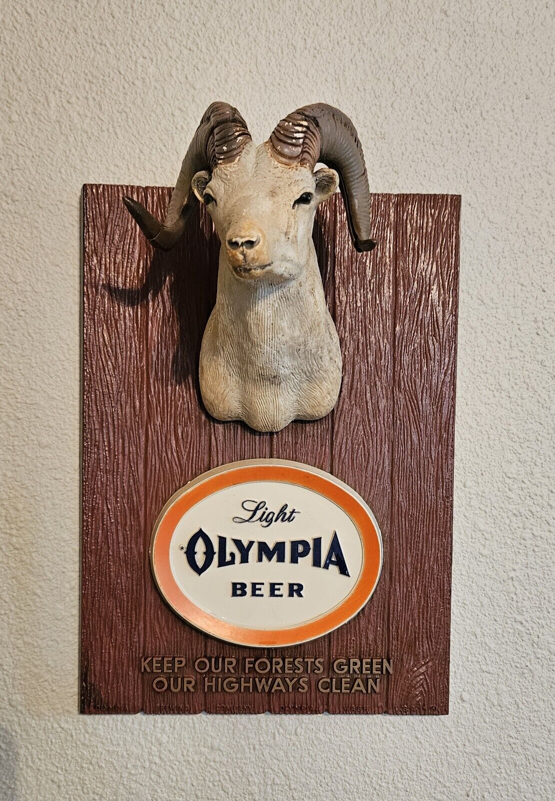Vintage 1963 Olympia Light Beer Ram Sheep Wildlife Wall Bar Sign Plaque. Rare 