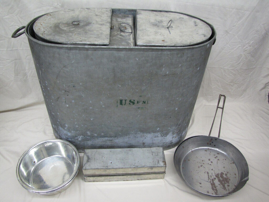 56pc Scarce WWI U.S. & British Tin Aluminum Mess Field Cooking Food Storage Gear