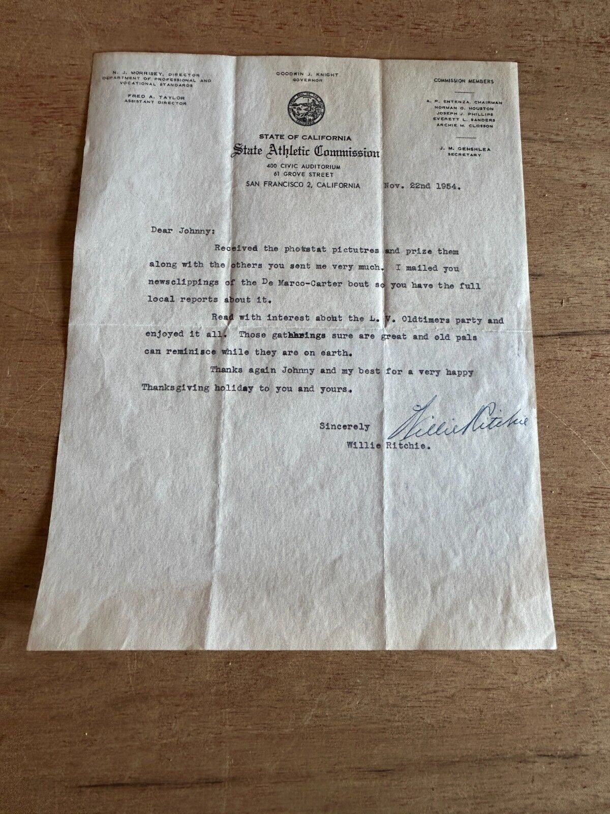 Willie Ritchie Boxer Signed Letter Calif State Athletic Comm Letterhead Champ