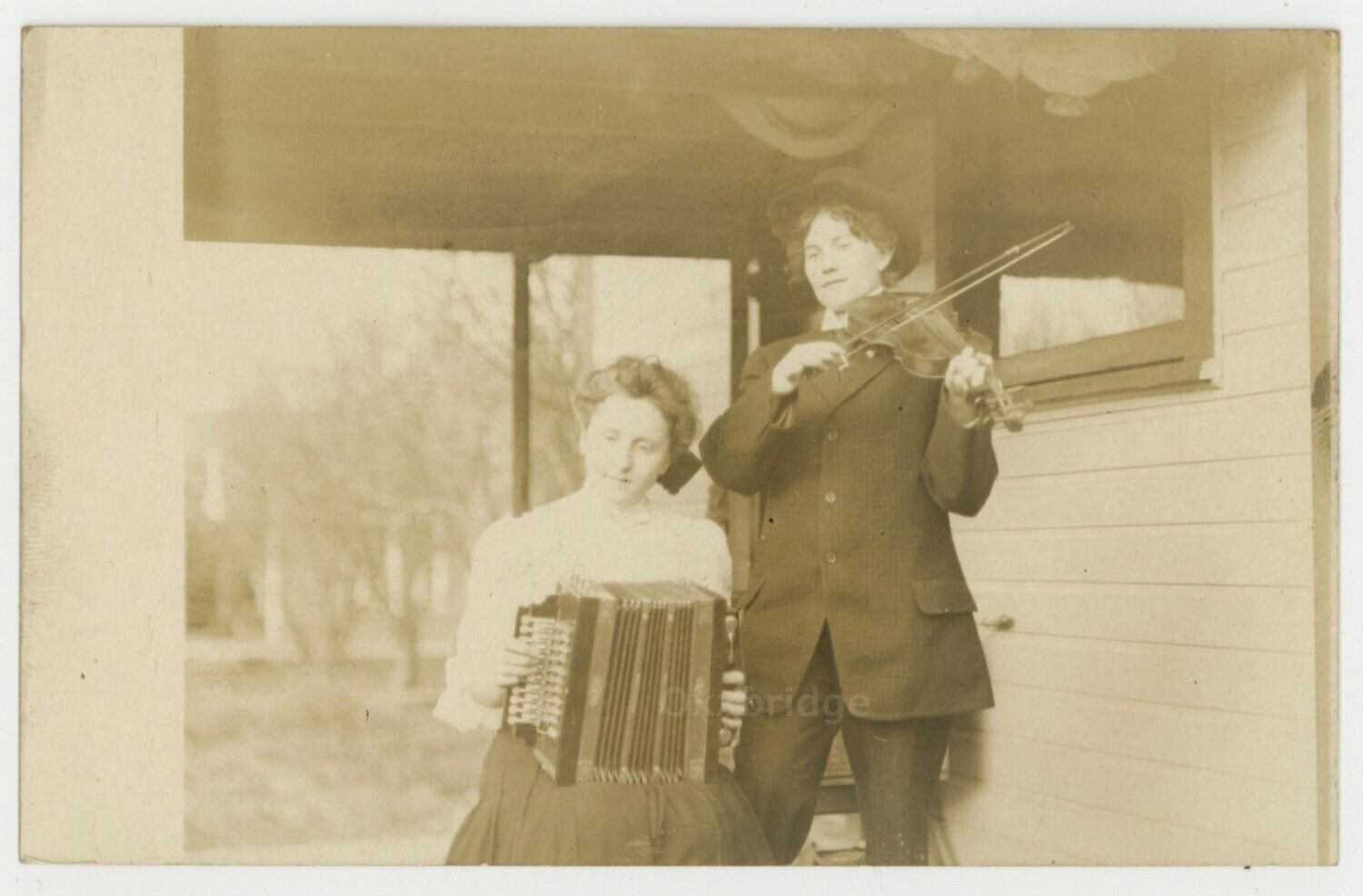 Accordion Fiddle Female Duo 1900 Women Musicians Band Violin RPPC Photo 