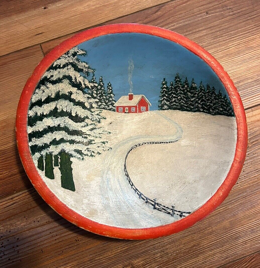 Vintage Munsing Bowl Hand painted winter Snow Cabin Rustic