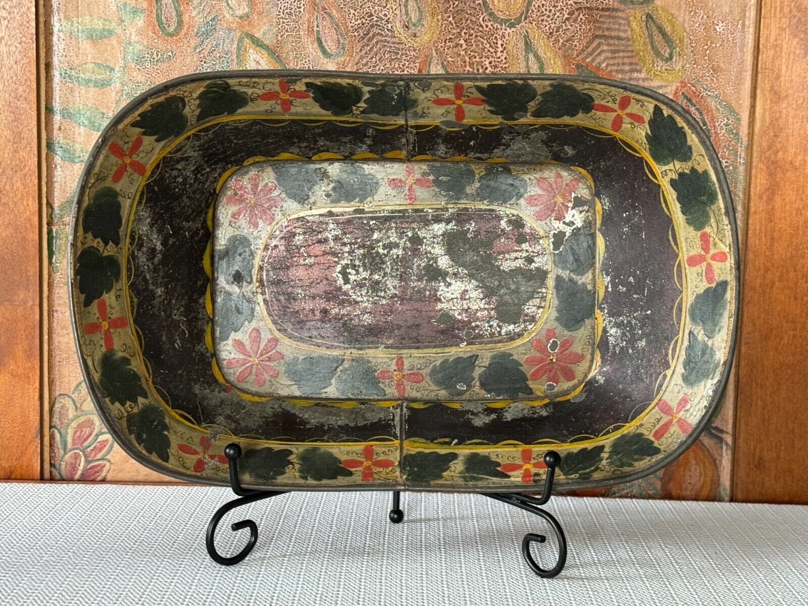 Antique Primitive Hand Painted Decorative Tole Tinware Toleware Bowl Tray