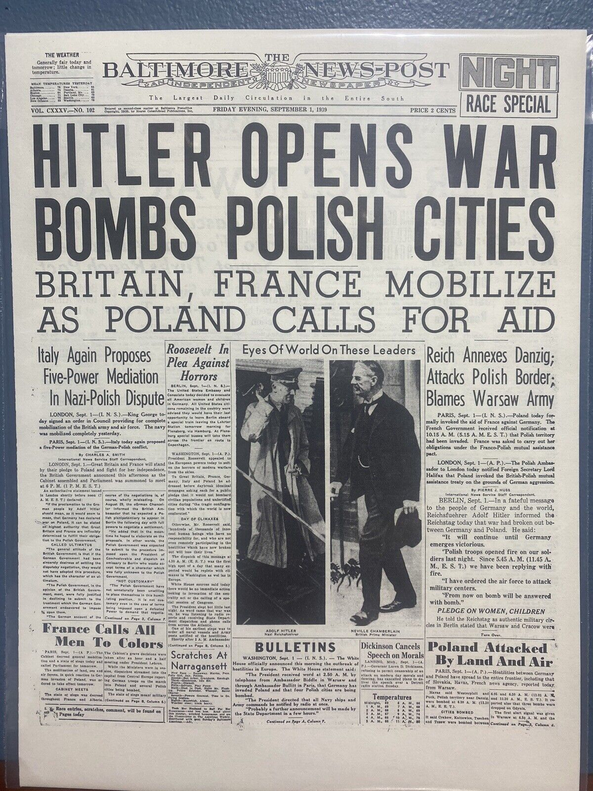 VINTAGE NEWSPAPER HEADLINE~ADOLPH HITLER STARTS WW2 BOMBS POLISH CITIES 1939 WAR
