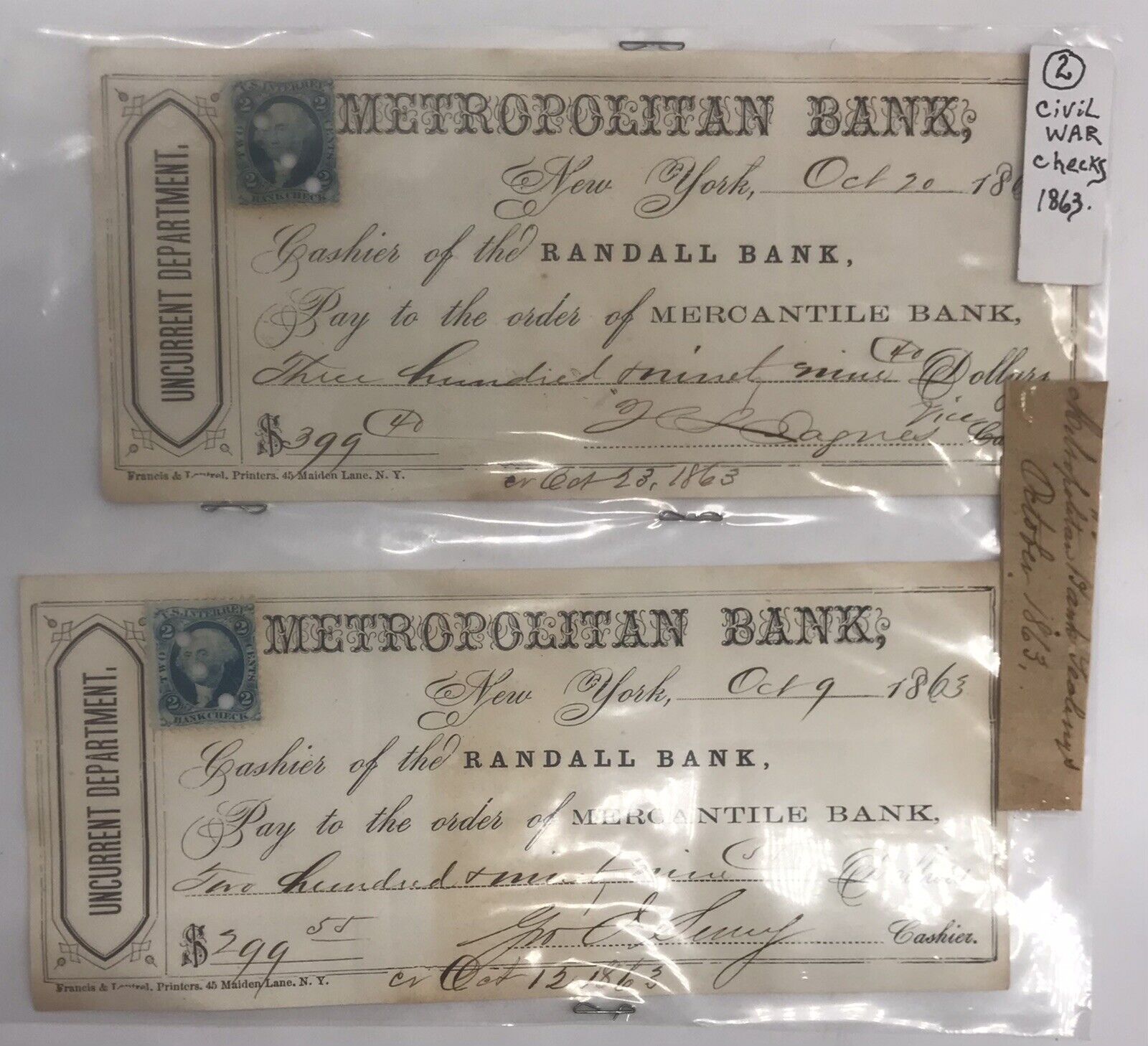 TWO VINTAGE METROPOLITAN BANK CHECKS CIVIL WAR ERA