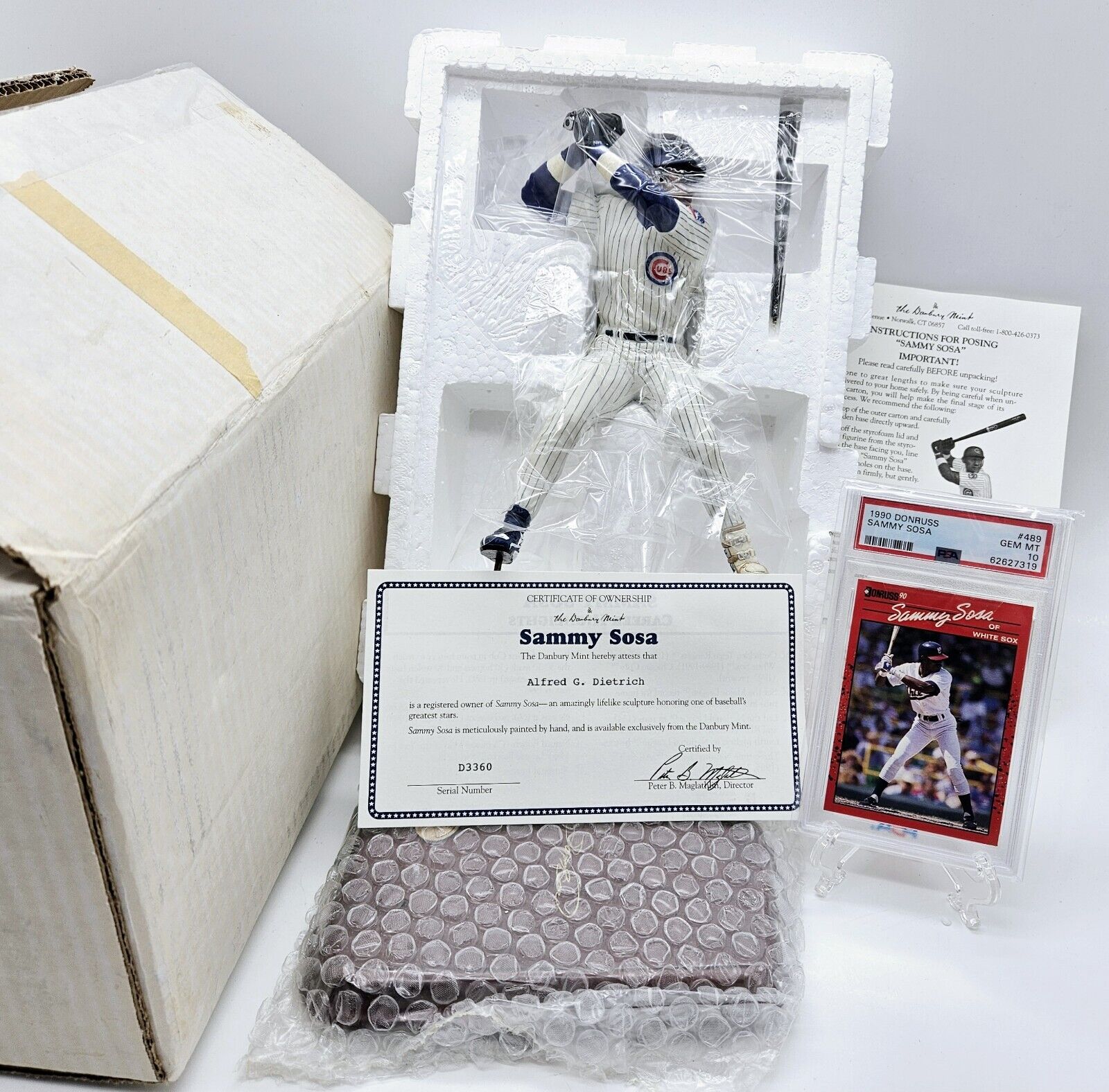 Danbury Mint Sammy Sosa Figurine in Box with 1990 Donruss Rookie Graded PSA 10
