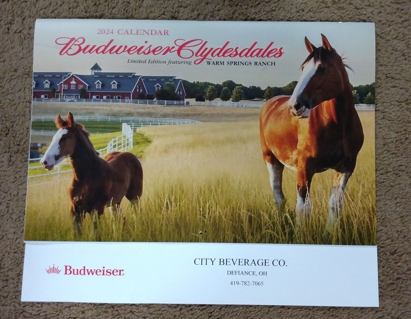 Budweiser Beer Clydesdale Large Calendar 2024 City Beverage Distributor 