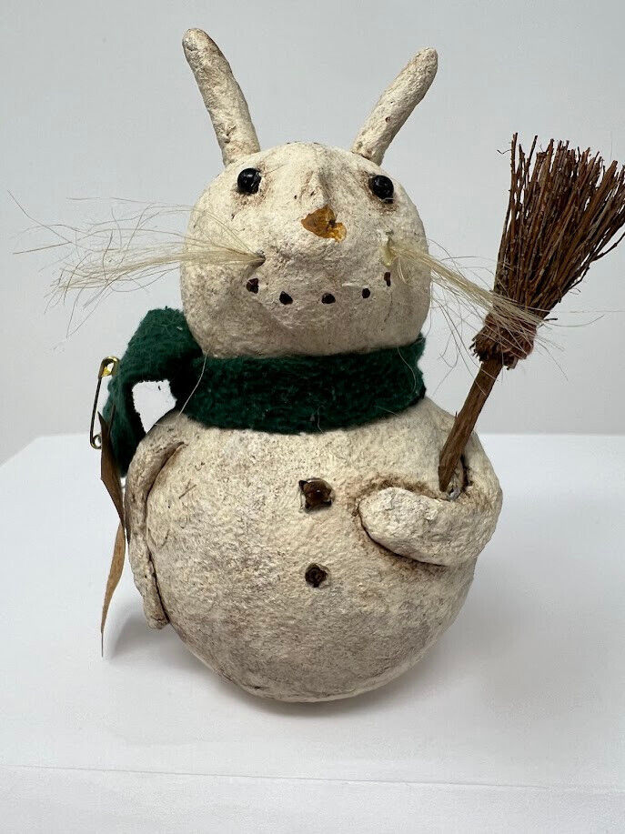 Folk Art Snowman Bunny Christmas Paper Mache Figurine Vintage Style