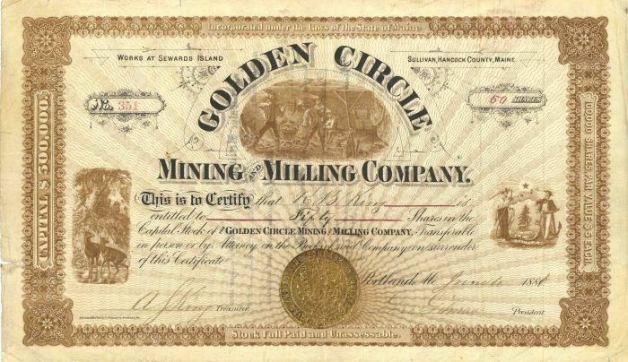 Golden Circle Mining and Milling Co. - Stock Certificate - Mining Stocks