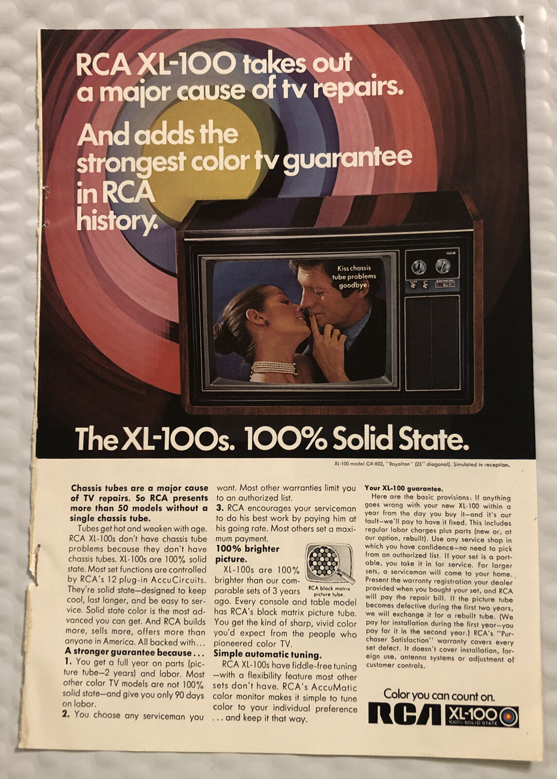 Vintage 1972 RCA XL-100 TV Original Print Ad Full Page - Strongest Color