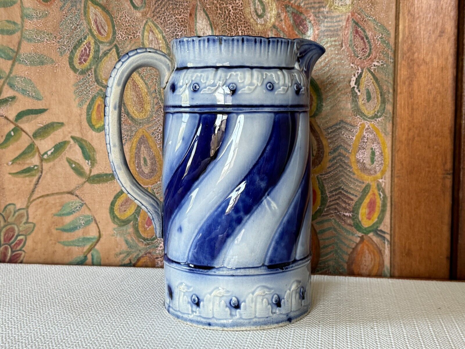 Antique Charles Allerton & Sons Flow Blue Earthenware Pottery Pitcher