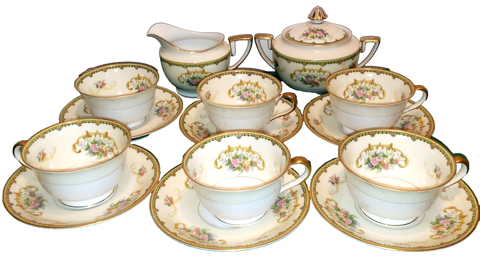Noritake M China Japan Diana Tea Set 6 Cups/Saucers 6 Creamer & Sugar Bowl w/Lid