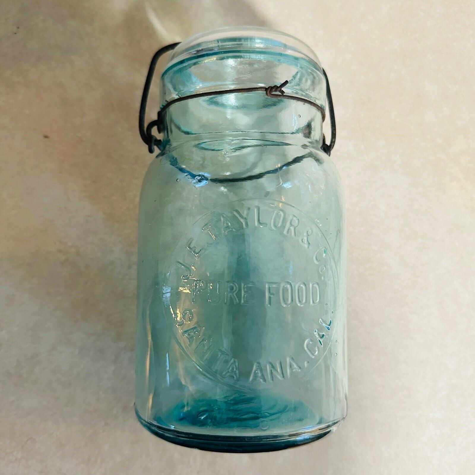 Vintage J.E. Taylor Pure Food, Santa Ana California CA Quart Aqua Glass Jar RARE