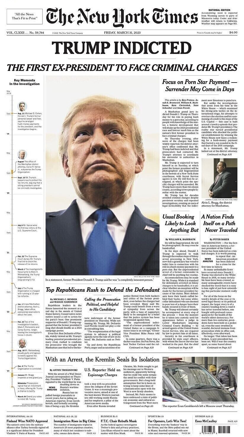 DONALD TRUMP INDICTED HISTORICAL NEW YORK TIMES *HARD COPY* NEWSPAPER 3/31/2023