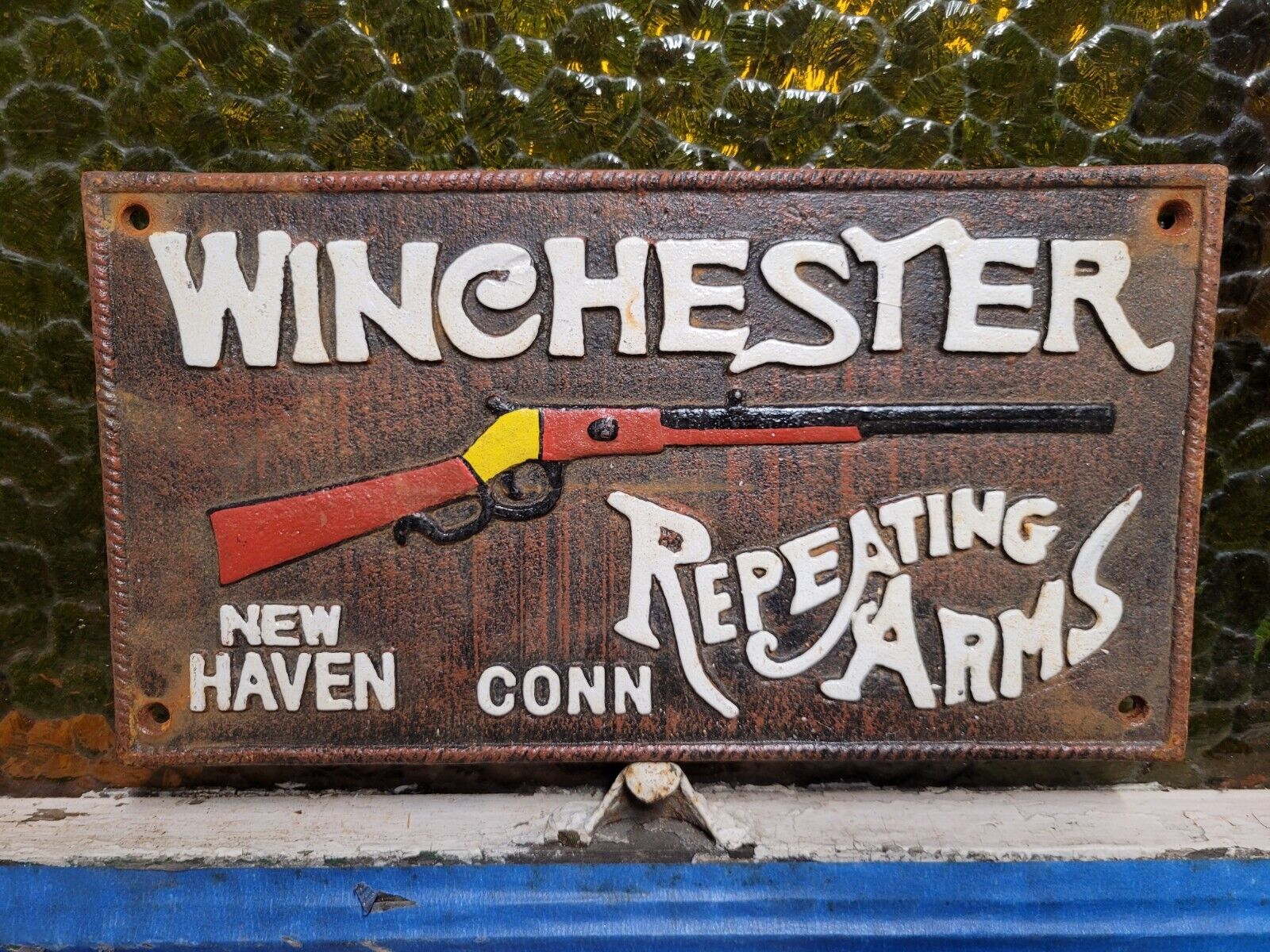 VINTAGE WINCHESTER SIGN OLD CAST IRON FIREARM GUN AMMO ADVERTISING AMMUNITION