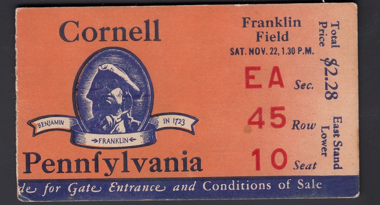 Cornell at University of Pennsylvania November 22 1941 Vintage FB Ticket Stub