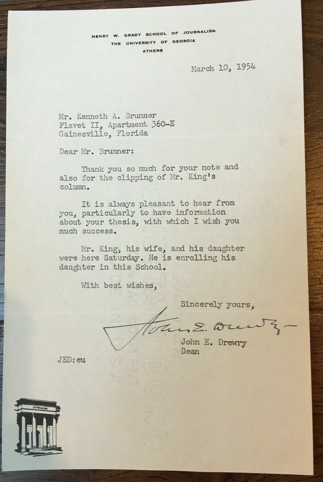 Vtg March 1954 University of Georgia Letter w/ Signature of John E Drewry - Dean