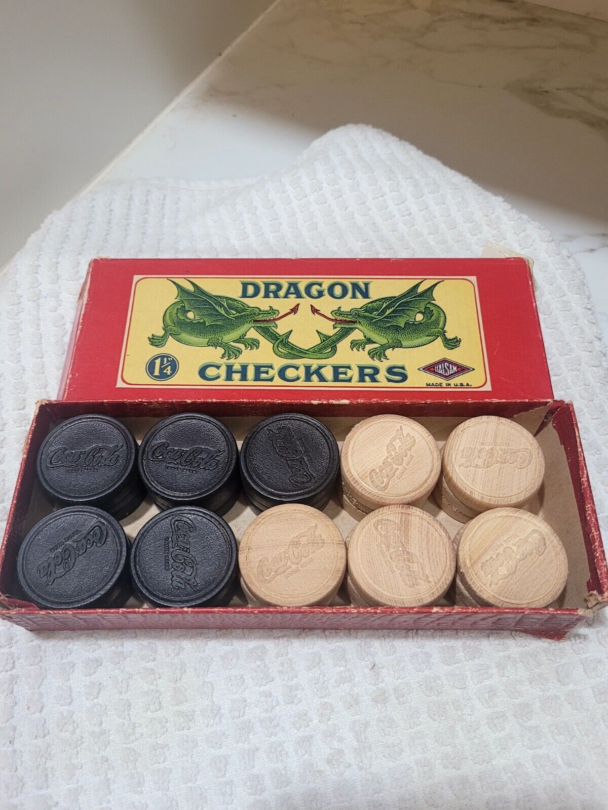 Vintage Coca Cola 1940's Dragon Checkers, Wood in The Box. Made in USA Very Cool