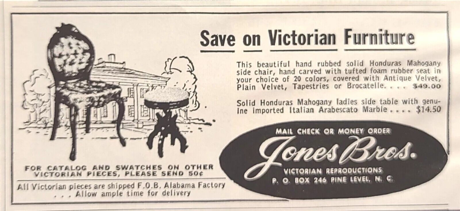 Jones Bros. Furniture Pine Level NC Victorian Mahogany Vintage Print Ad 1962