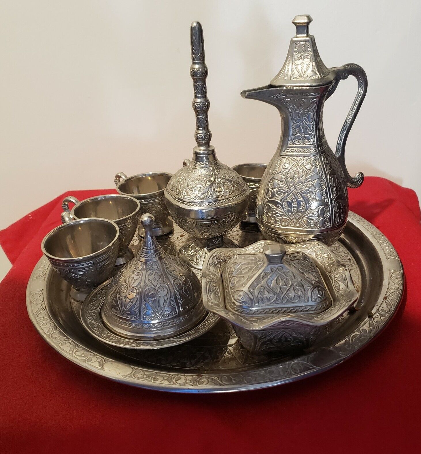VTG , Silver Metal SENA Turkish Coffee Tea Zamzam Water Drinking Set Of 13 Pcs.