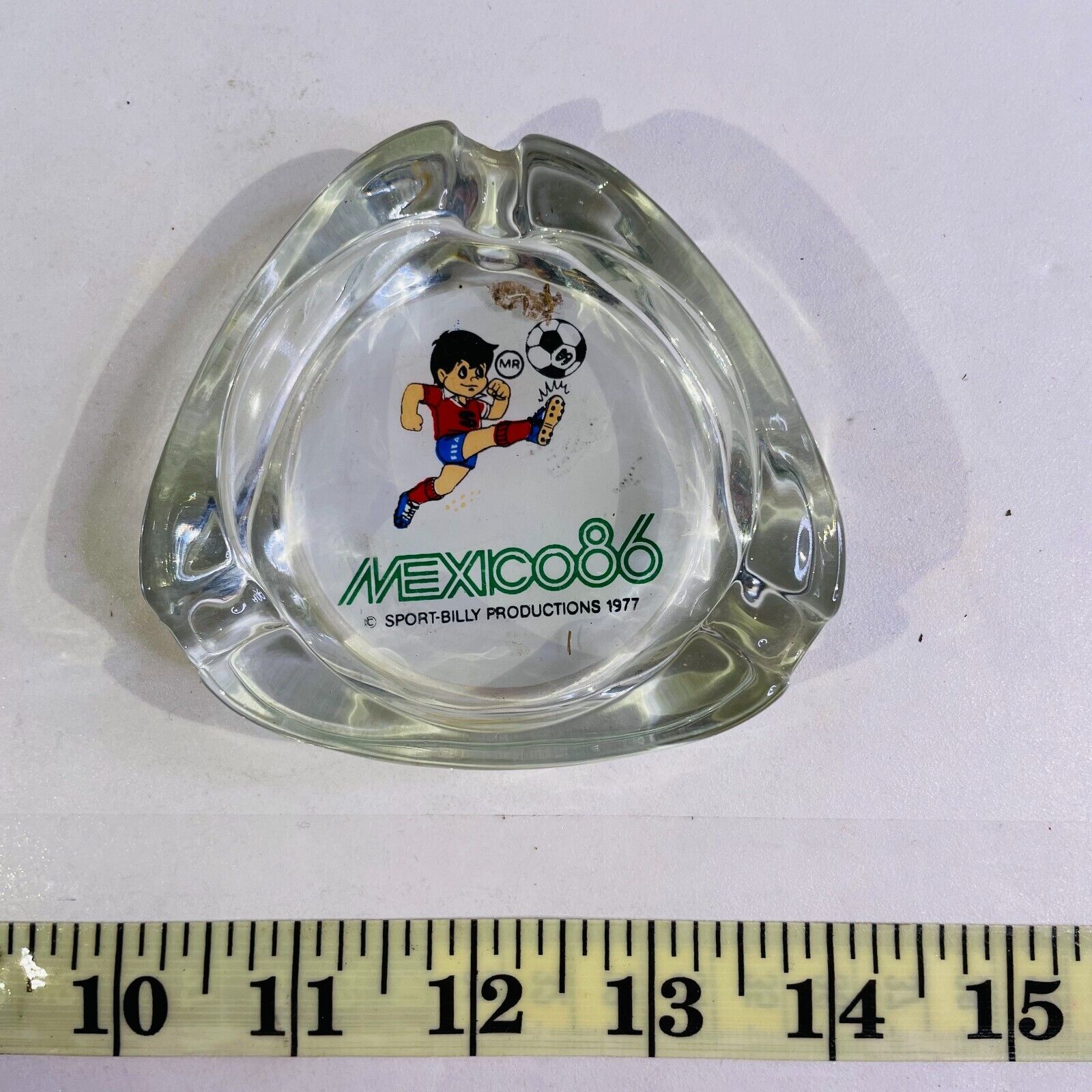 Mexican Ashtray Glass Mexico 86 Soccer World Cup Mascot 3 3/4\