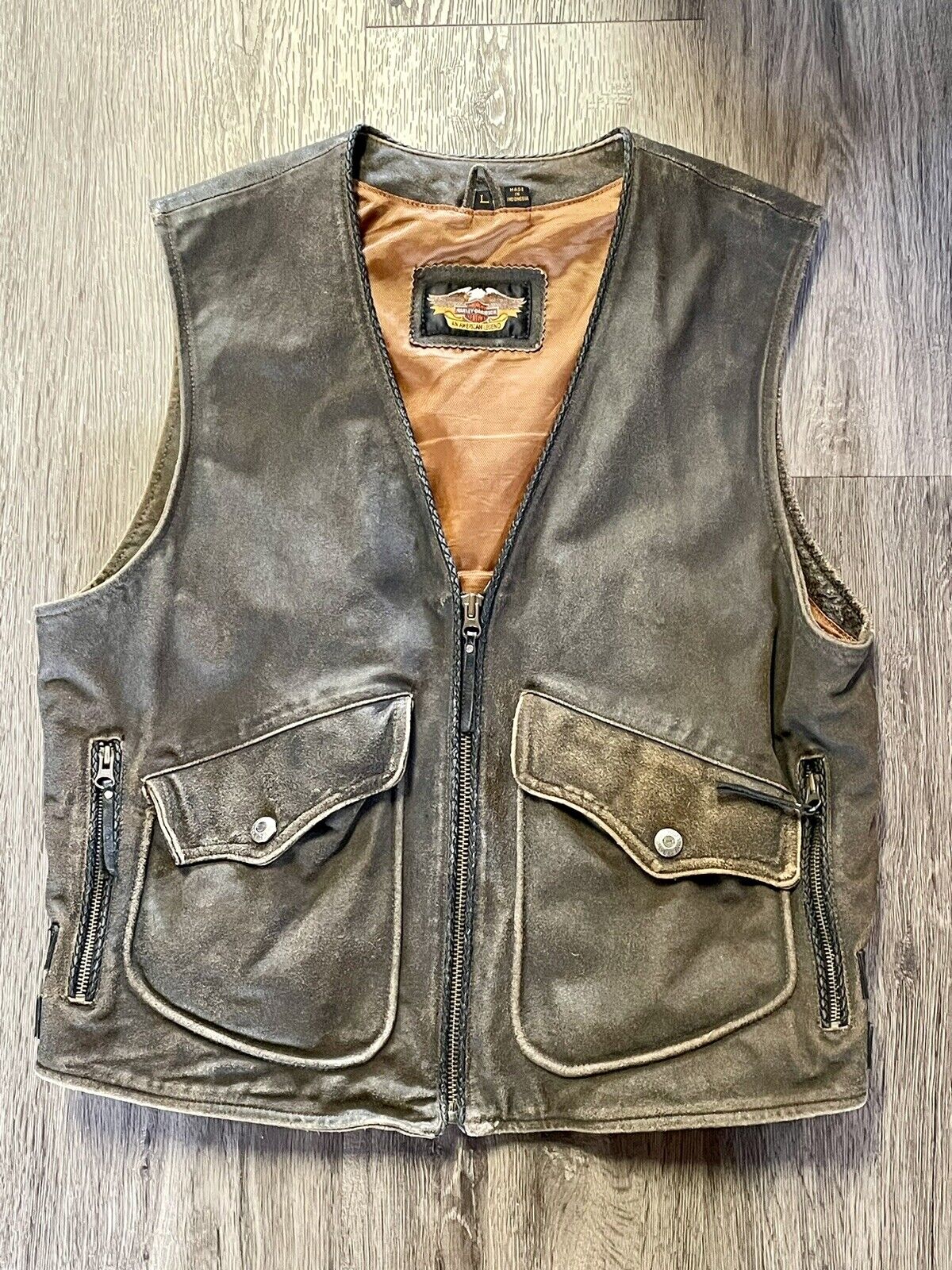 Harley Davidson Men’s BILLINGS Distressed Brown Leather Vest L Distressed VTG