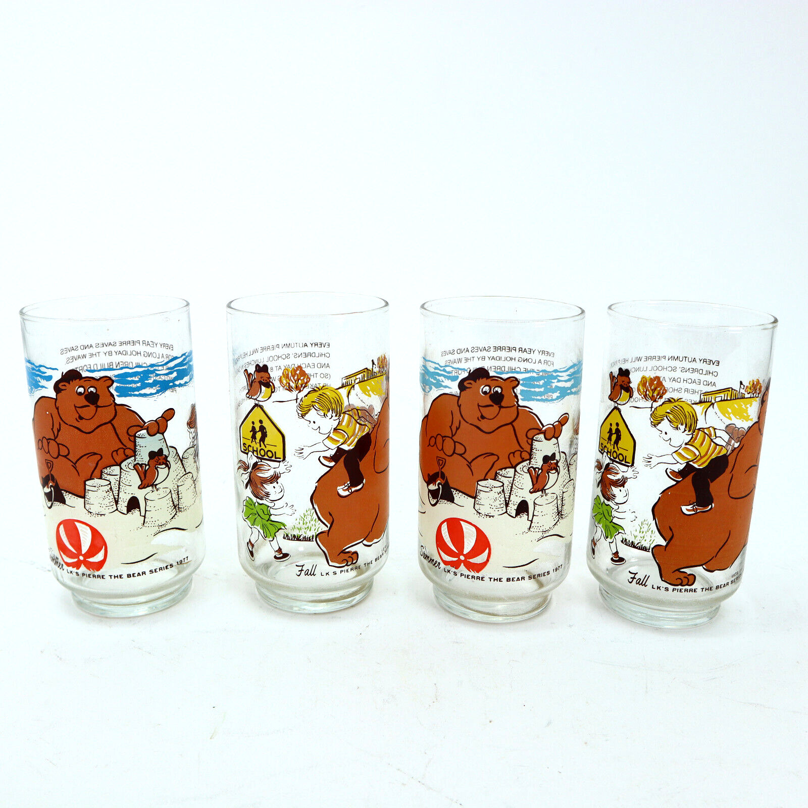Set of 4 Vintage 1977 Summer Fall LK's Pierre the Bear Series Glass Cups 5 in