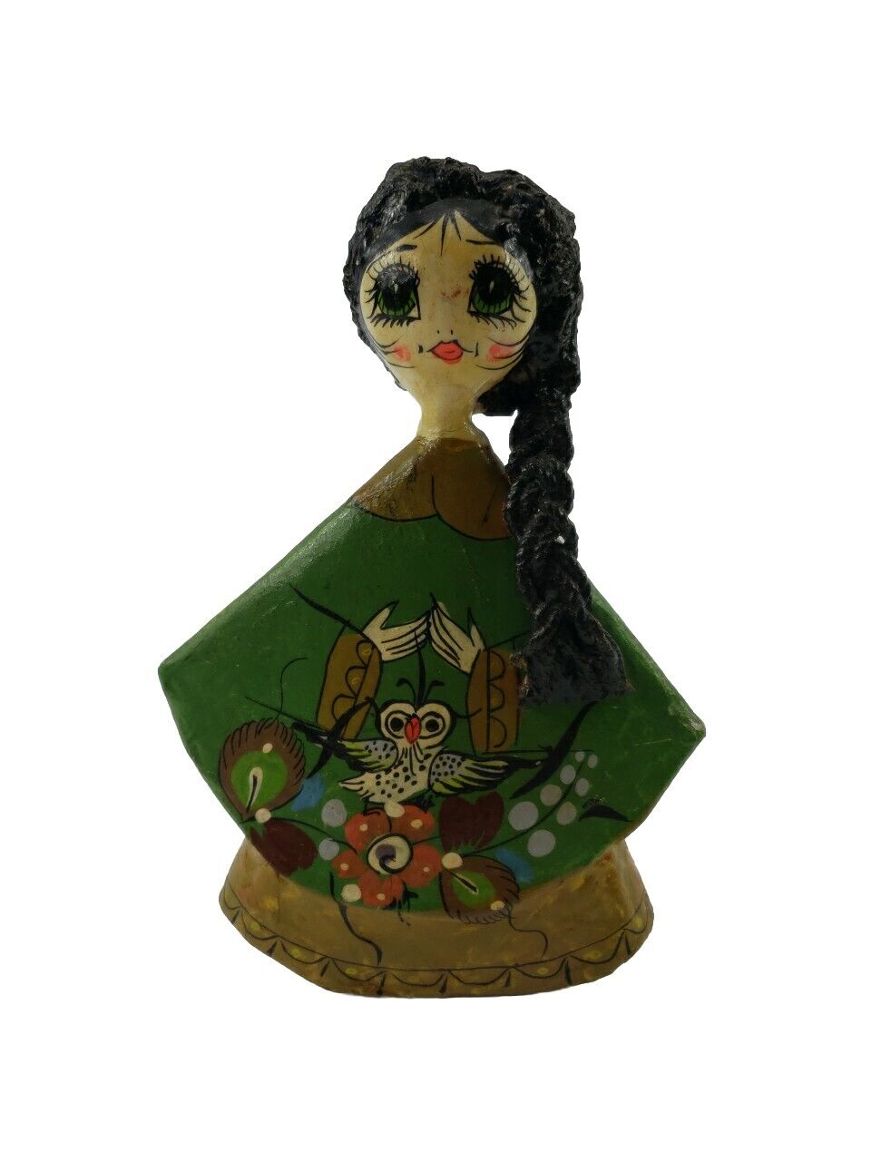 Vintage Paper Mache Folk Art Doll Green Eye w Green Dress Puerto Vallarta Mexico
