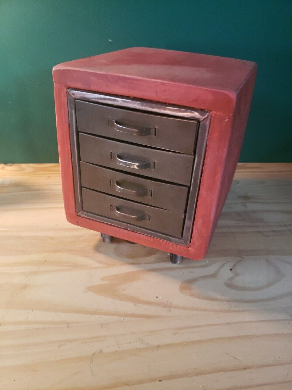 Vintage Small  Industrial Metal / Wood 4 Drawer  Parts Storage Cabinet  Light 