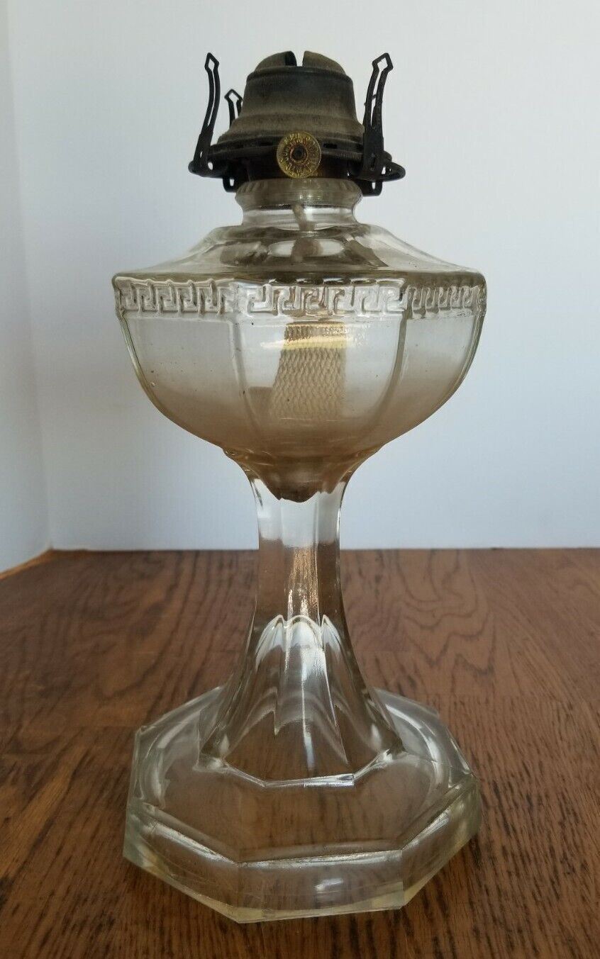 Antique Greek Key Glass Oil Kerosene Lamp with Number 2 Queen Anne Burner