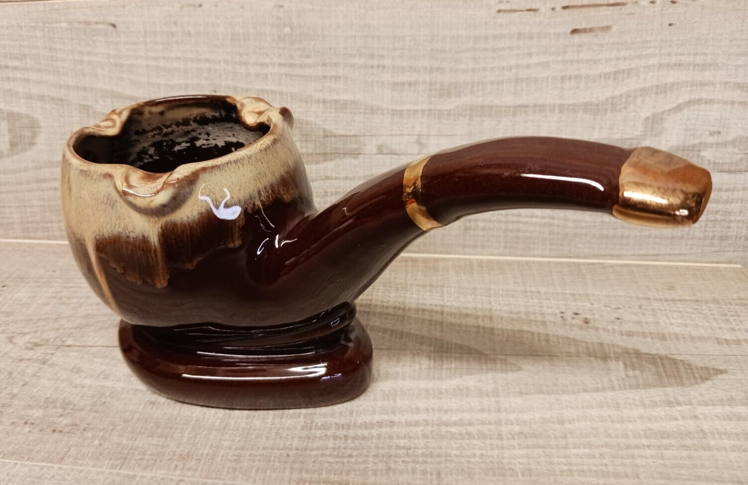 Vintage Pipe Shaped Brown Drip Ceramic Ashtray Retro Pottery Glaze Tobacciana