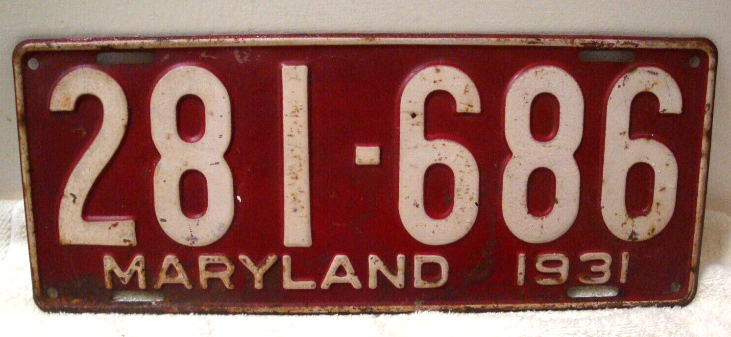 1931 Maryland 281-686 Vehicle Auto License Plate Red & White 15\