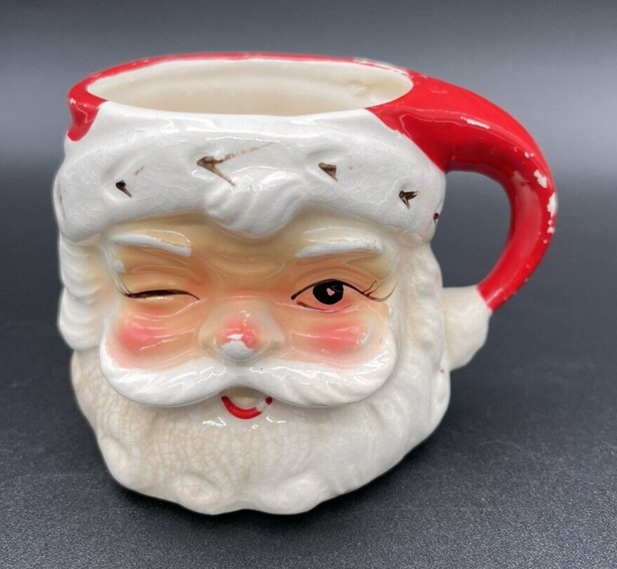 Vintage Inarco Ceramic Santa Claus Head Mug Japan MCM Christmas Winking AS IS