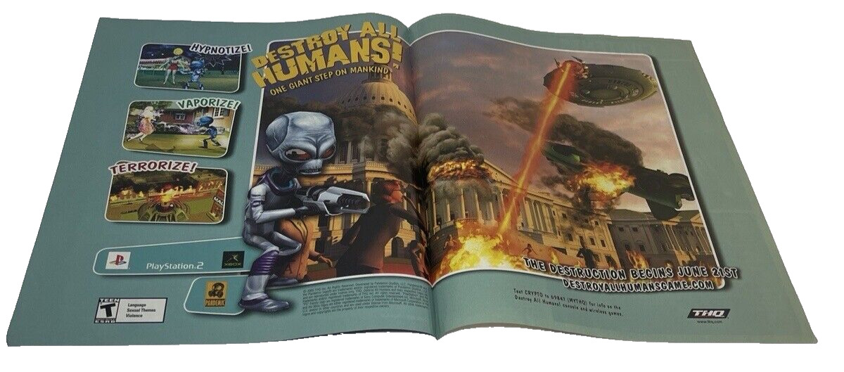 RARE 2008 DESTROY ALL HUMANS Xbox 360 PS3 Video Game = 2pg Print AD / POSTER