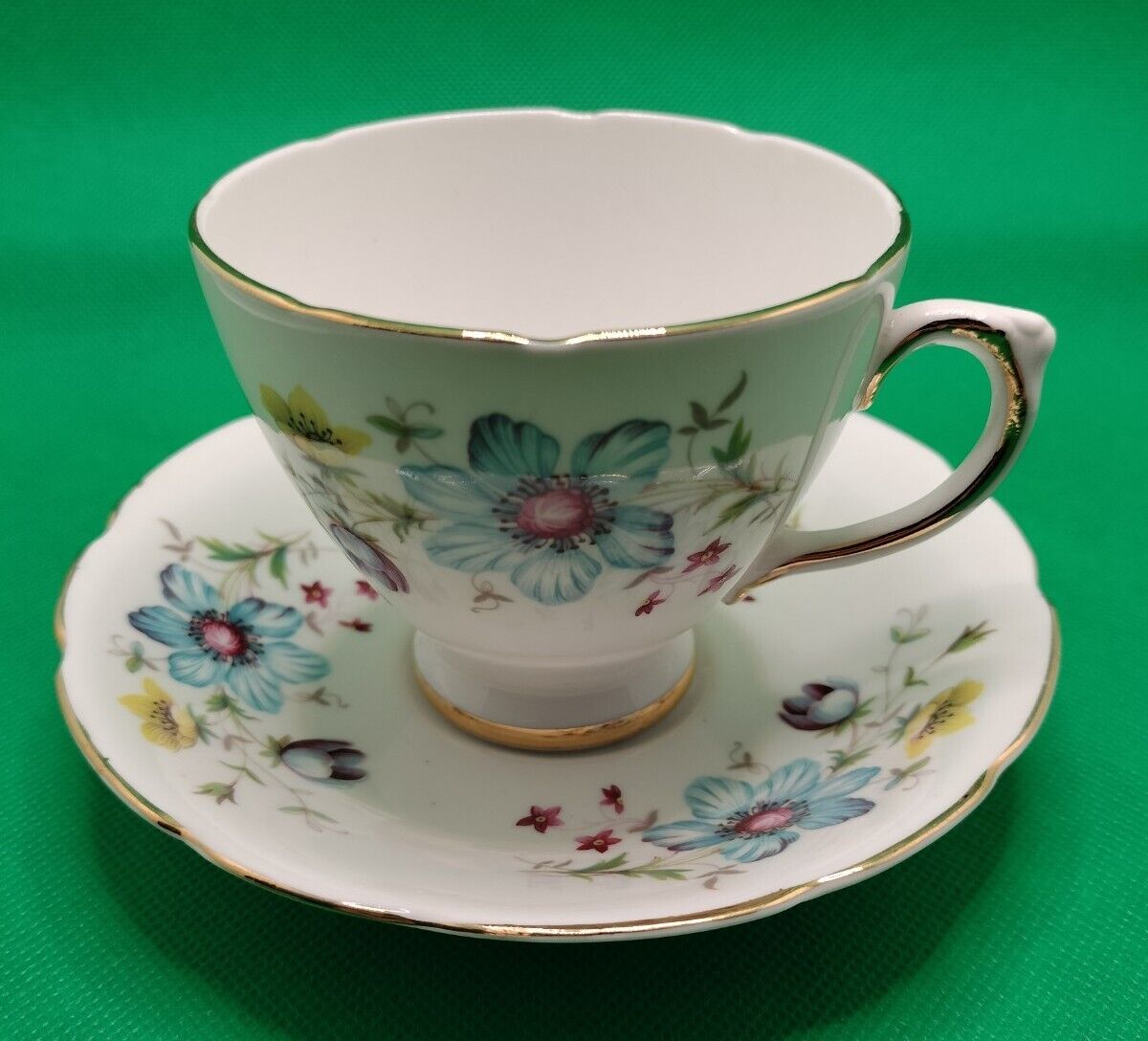 Delphine Bone China Blue Floral Teacup & Saucer Made in England Porcelain