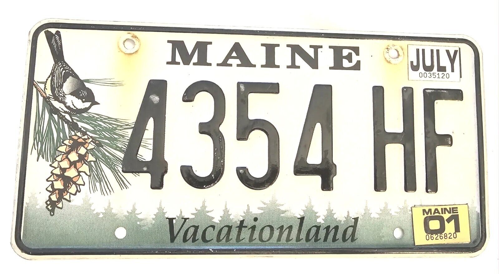 Maine License Plate 2001 Vacationland 4354 HF Bird Pine Tree