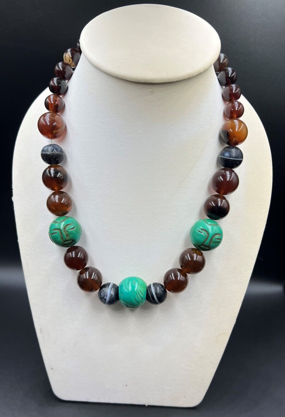 Vintage Himalayan Trible Jewelry Turquoise Amber Banded Agate Beads Necklace