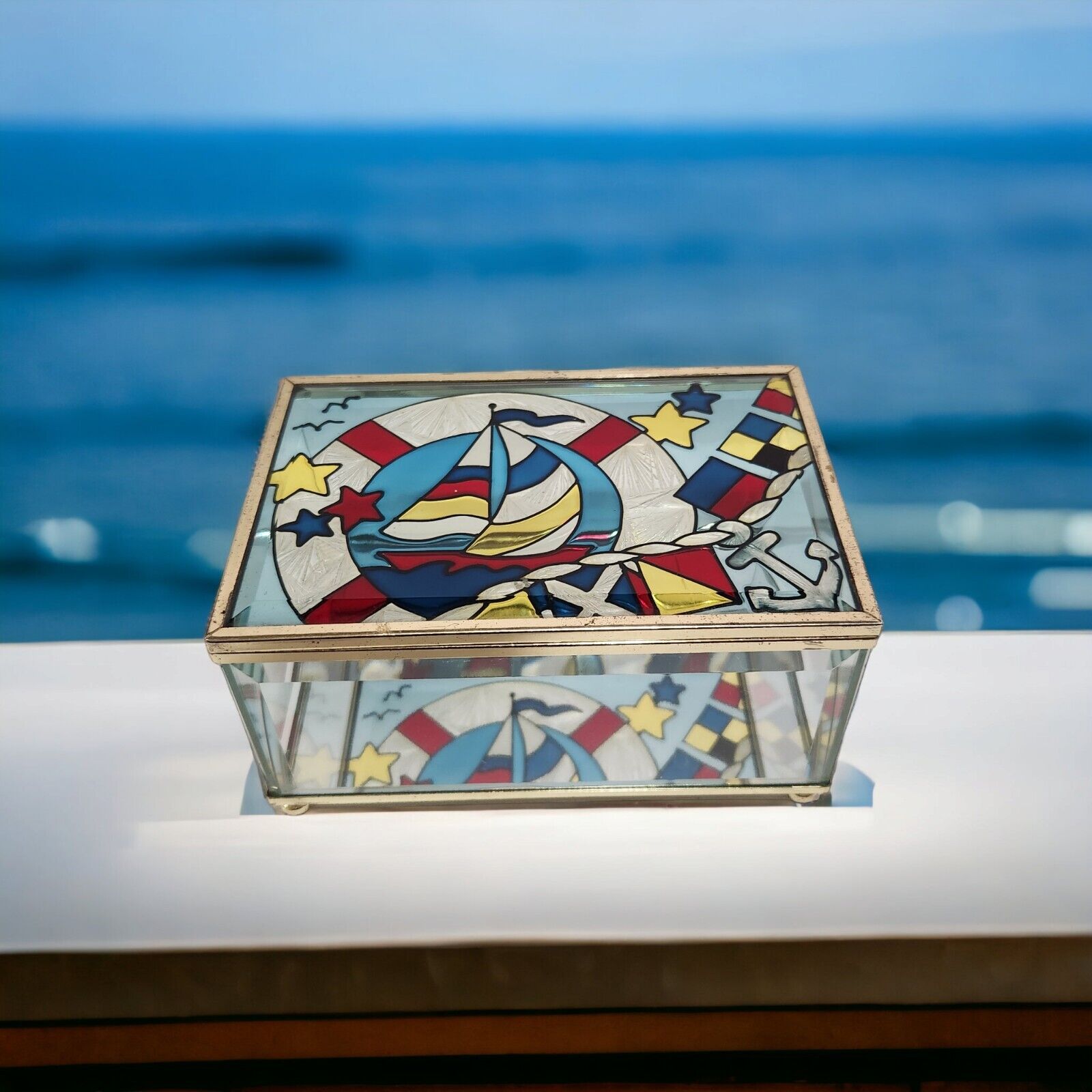 Joan Baker Design Jewelry Trinket Box Hand Painted Sailboat Hinged Mirror Bottom