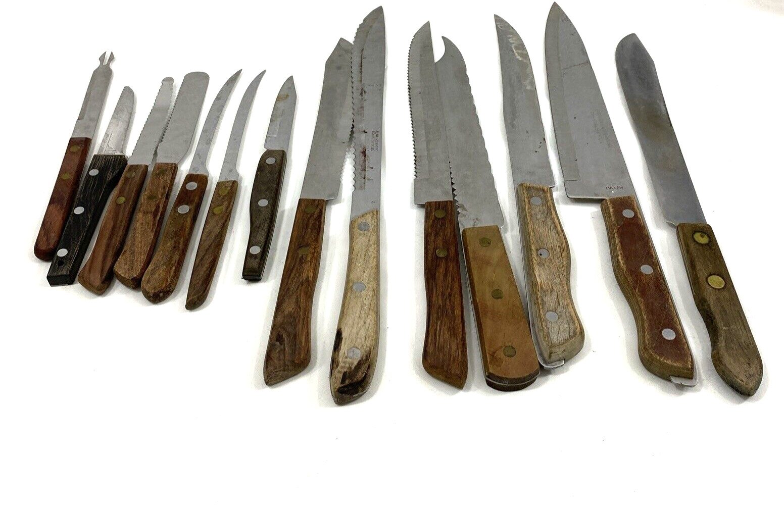 14 Vintage Stainless Steel Knives Japan Wood Handles Different Sized Blades