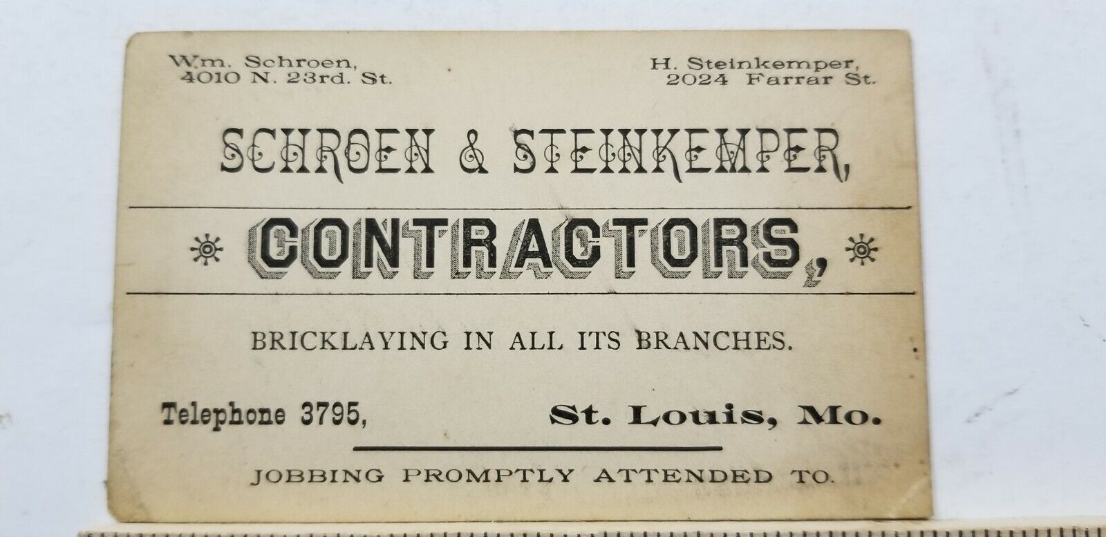1880s Contractors Business Card BRICKLAYERS ST LOUIS MO Schroen Steinkemper B3