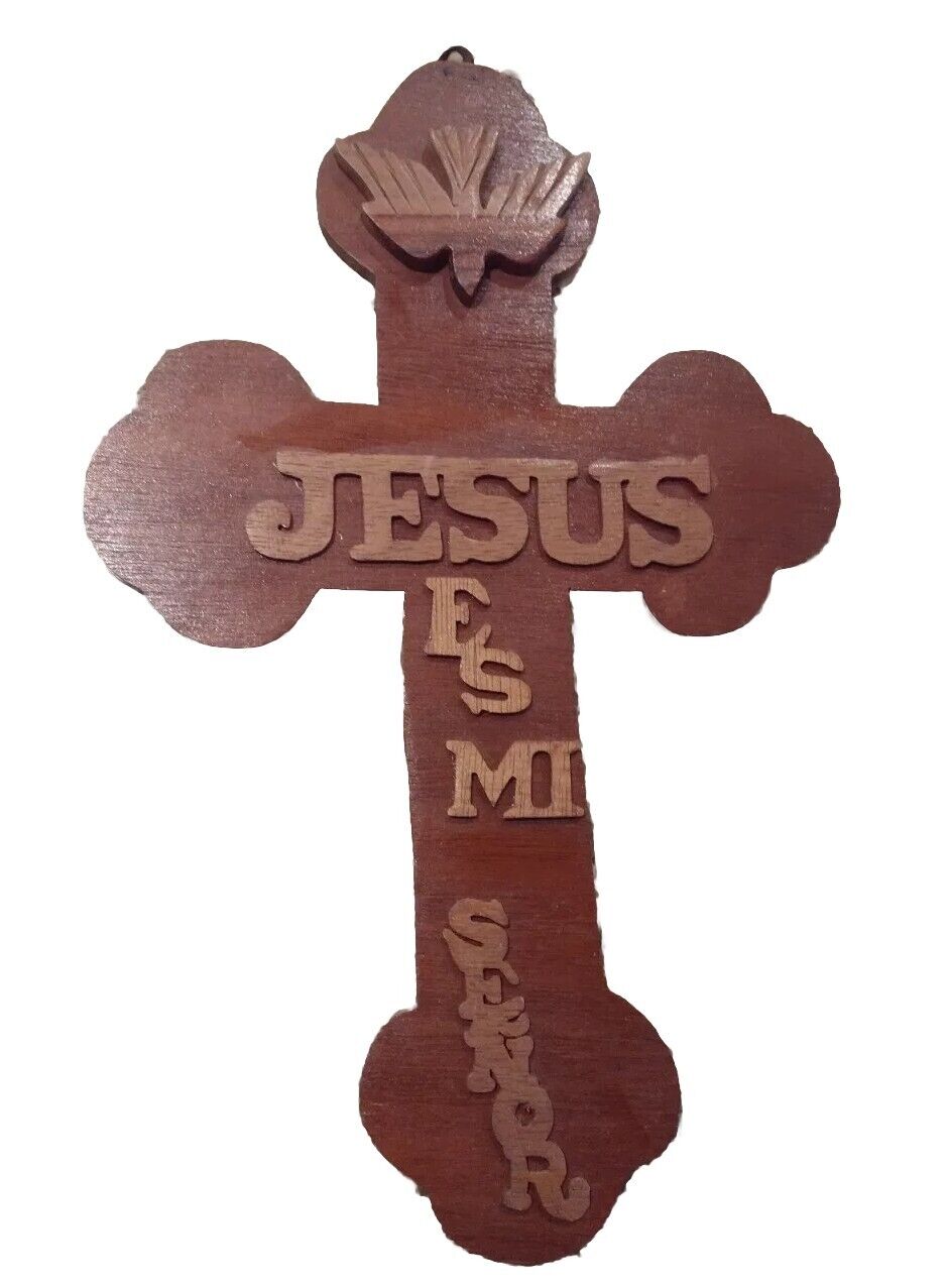 Vintage Religious Hand Made Wood Spanish Cross Jesus Es Mi Senor  1960's