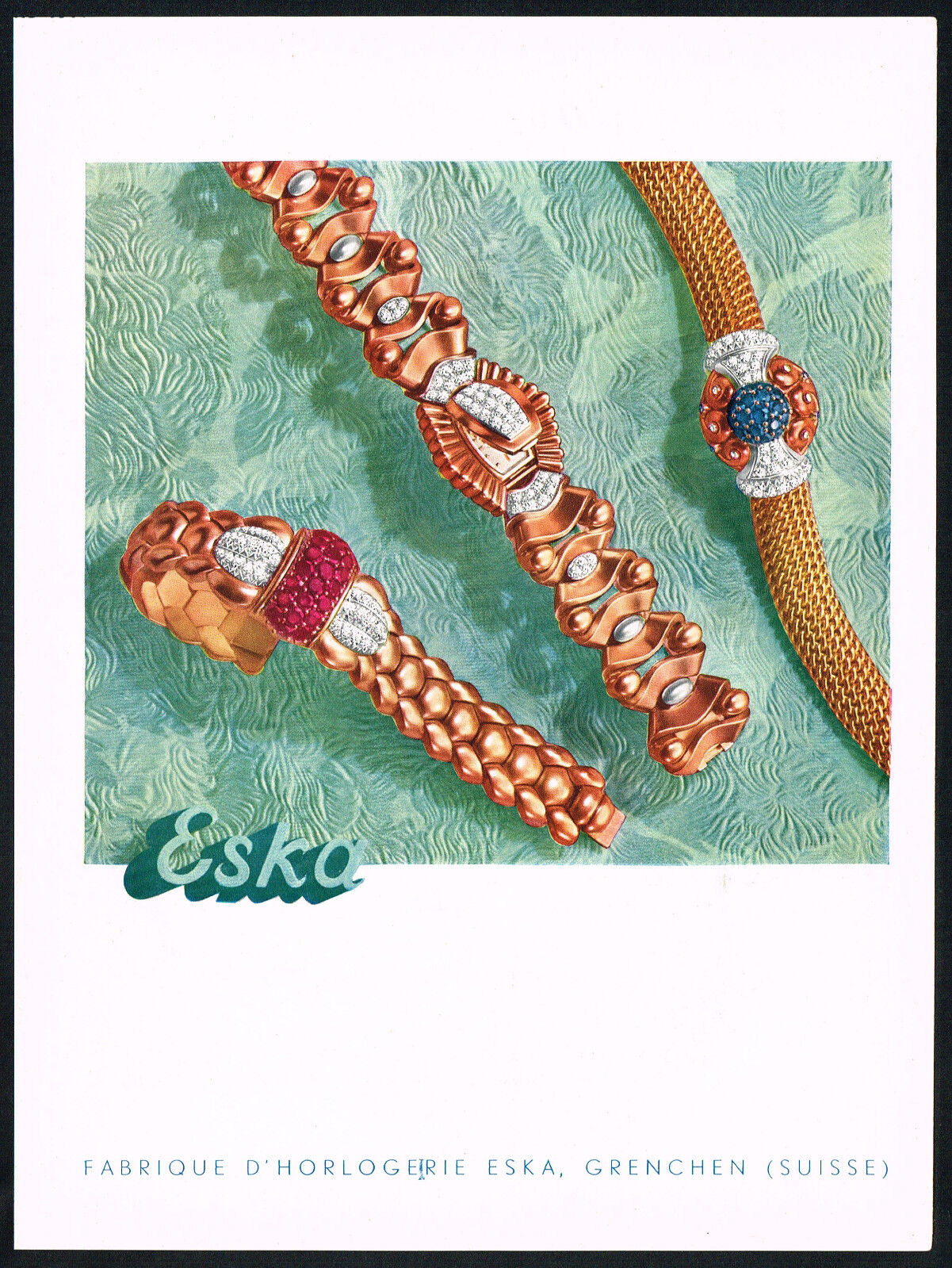 1940s Vintage Eska Womens Watch Fashion Jewelry Mid Century Color Art Print Ad c